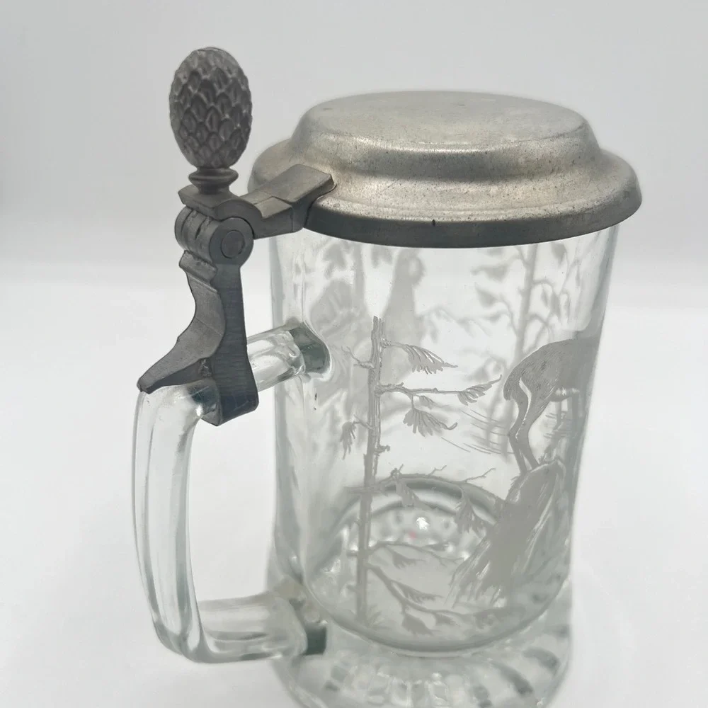 Vintage‎ Regenhutte Etched Glass Beer Stein Deer Game Bird German Style